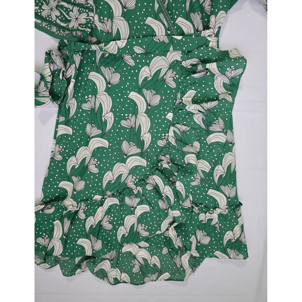 MaxStudio Green Floral Polka Dot Ruffle Wrap Dress Flutter Sleeve 8912C60 Medium - Picture 3 of 16